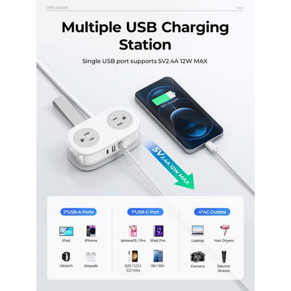 Travel Power Strip, 4 Outlets 3 USB Ports (1 USB C) with 4FT Wrapped Short Extension Cord Small Power Strip